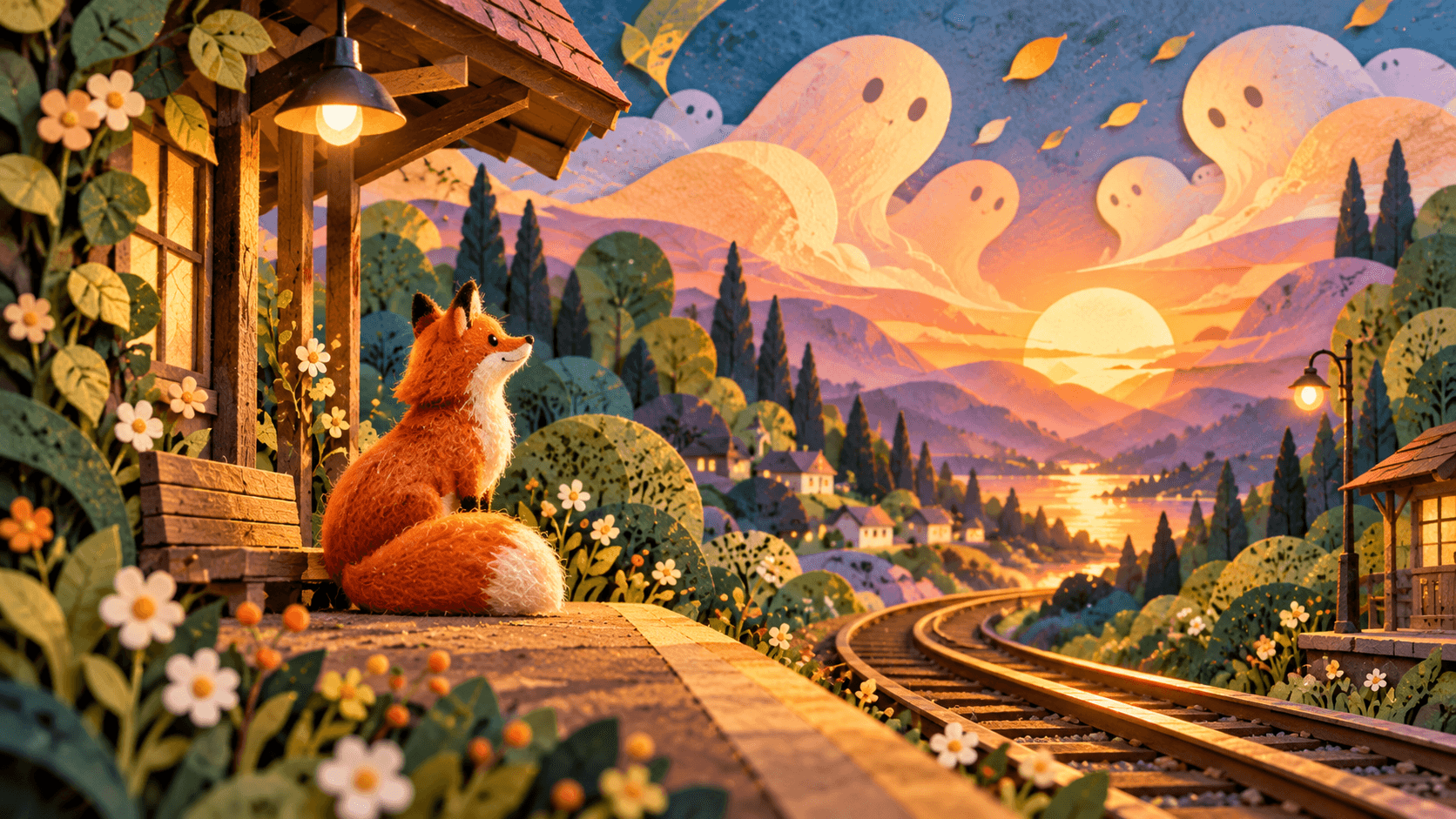 A fox waiting at a lamplit station as dreamlike figures drift above a sunset valley